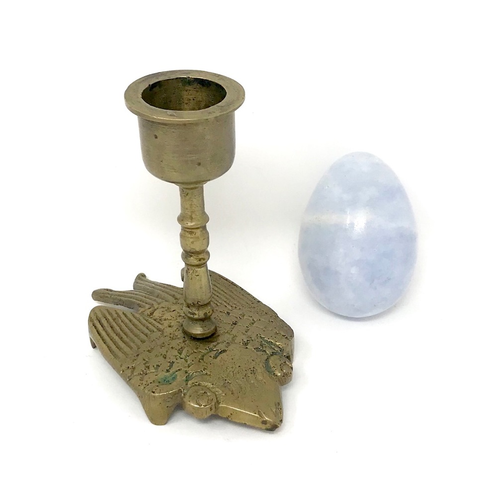 Crow Raven Sparrow Candle Holder Blue Calcite Egg - Picture 2 of 16